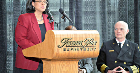 Tacoma Mayor Marilyn Strickland speaks during the swearing-in ceremony for Tacoma Fire Chief James Duggan. (PHOTO COURTESY TACOMA FIRE DEPARTMENT)