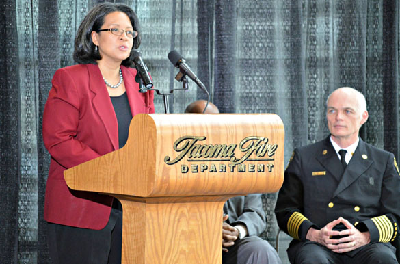 Tacoma Mayor Marilyn Strickland speaks during the swearing-in ceremony for Tacoma Fire Chief James Duggan. (PHOTO COURTESY TACOMA FIRE DEPARTMENT)