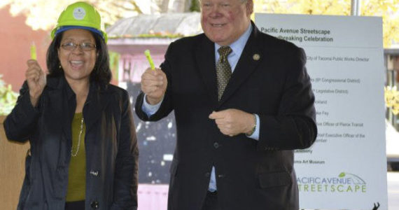 Tacoma Mayor Marilyn Strickland and Congressman Norm Dicks celebrated the beginning of the Pacific Avenue Streetscape Project Monday morning downtown. (PHOTO COURTESY CITY OF TACOMA)