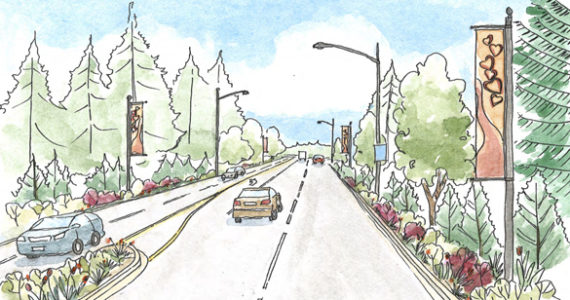 The South Sprague Avenue Enhancement Project will include landscape improvements, rain gardens, and a new median to provide traffic calming for a new neighborhood gateway wing. (IMAGE COURTESY CITY OF TACOMA)