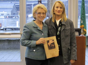 Gov. Chris Gregoire (left) was in Tacoma Tuesday to receive a "Puget Sound Champion" award from the organization's leadership council chair, Martha Kongsgaard (right), for her work to protect Puget Sound. (PHOTO COURTESY PUGET SOUND PARTNERSHIP)