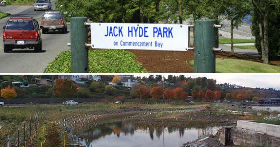 The Tacoma-Pierce County Health Department has posted warning signs at the beaches at Jack Hyde (top) and Dickman Mill (above) parks on Ruston Way due to the possibility of a minor sewage spill during Monday's storm. (PHOTOS COURTESY METRO PARKS TACOMA)