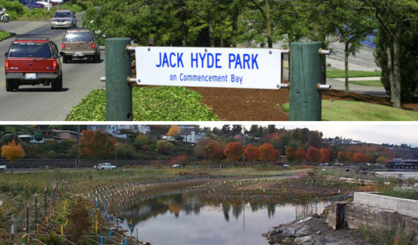 The Tacoma-Pierce County Health Department has posted warning signs at the beaches at Jack Hyde (top) and Dickman Mill (above) parks on Ruston Way due to the possibility of a minor sewage spill during Monday's storm. (PHOTOS COURTESY METRO PARKS TACOMA)