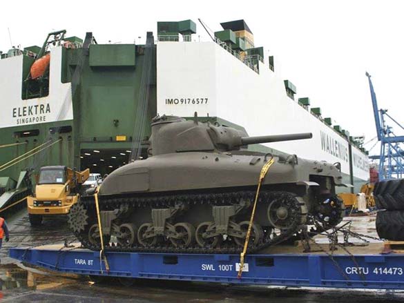 A rare World War Two tank rolled off a ship Monday at Terminal 7 at the Port of Tacoma. The fully-restored M4A1 Sherman tank is headed to the Flying Heritage Collection at Paine Field in Everett, where it will be on display this spring. (PHOTO COURTESY PORT OF TACOMA)