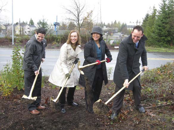 Tacoma City Councilmembers Ryan Mello and Lauren Walker joined Mayor Marilyn Strickland and Central Neighborhood Council Chair Justin Leighton in December to break ground on the South Sprague Avenue enhancement project. (PHOTO COURTESY CITY OF TACOMA)