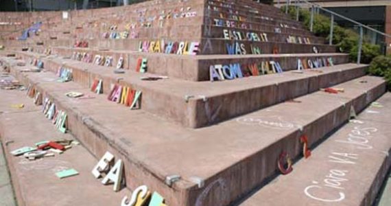 A temporary installation entitled "Words" by Tacoma artist James Grayson Sinding opened in Tollefson Plaza in downtown Tacoma thanks in part to a grant from Spaceworks Tacoma and the Tacoma Arts Commission's Tacoma Artists Initiative Program. (FILE PHOTO BY TODD MATTHEWS)