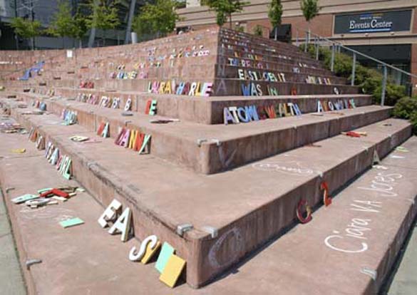 A temporary installation entitled "Words" by Tacoma artist James Grayson Sinding opened in Tollefson Plaza in downtown Tacoma thanks in part to a grant from Spaceworks Tacoma and the Tacoma Arts Commission's Tacoma Artists Initiative Program. (FILE PHOTO BY TODD MATTHEWS)