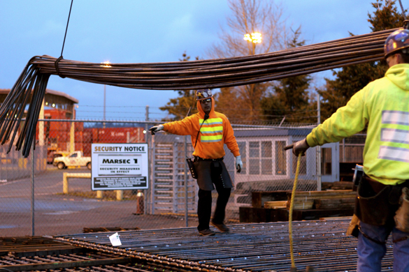 Iron workers were up early Monday morning to work on the third cycle of pontoons that will be built in Tacoma. (PHOTO COURTESY WASHINGTON STATE DEPARTMENT OF TRANSPORTATION)