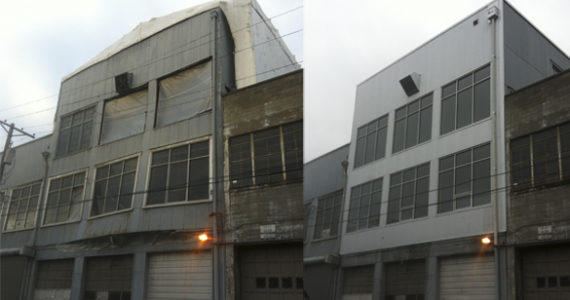 The 112-year-old Brewery District building as it appeared after storm damage (left) and as it appears this week (right) after being repaired. (PHOTOS BY TODD MATTHEWS)