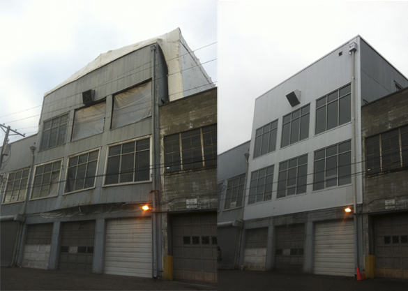 The 112-year-old Brewery District building as it appeared after storm damage (left) and as it appears this week (right) after being repaired. (PHOTOS BY TODD MATTHEWS)