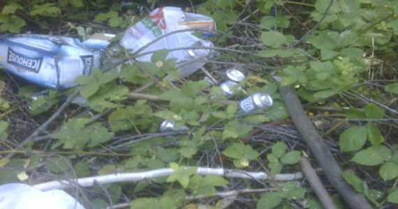 Fortified beer cans littered a transient camp near South 12th Street and State Route 16 in Tacoma's West End neighborhood last August, according to City of Tacoma officials. (PHOTO COURTESY CITY OF TACOMA)