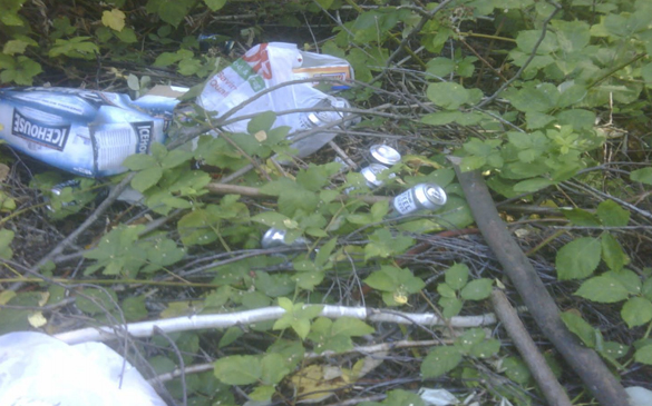 Fortified beer cans littered a transient camp near South 12th Street and State Route 16 in Tacoma's West End neighborhood last August, according to City of Tacoma officials. (PHOTO COURTESY CITY OF TACOMA)