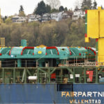 An up-close look at the ship carrying Bertha, the SR 99 tunneling machine, into Seattle's Elliott Bay on April 2, 2013. The five-story-tall machine arrived aboard the Jumbo Fairpartner in 41 pieces that will be reassembled in a pit near Seattle's stadiums before tunneling begins in summer 2013. (PHOTO COURTESY WASHINGTON STATE DEPARTMENT OF TRANSPORTATION)