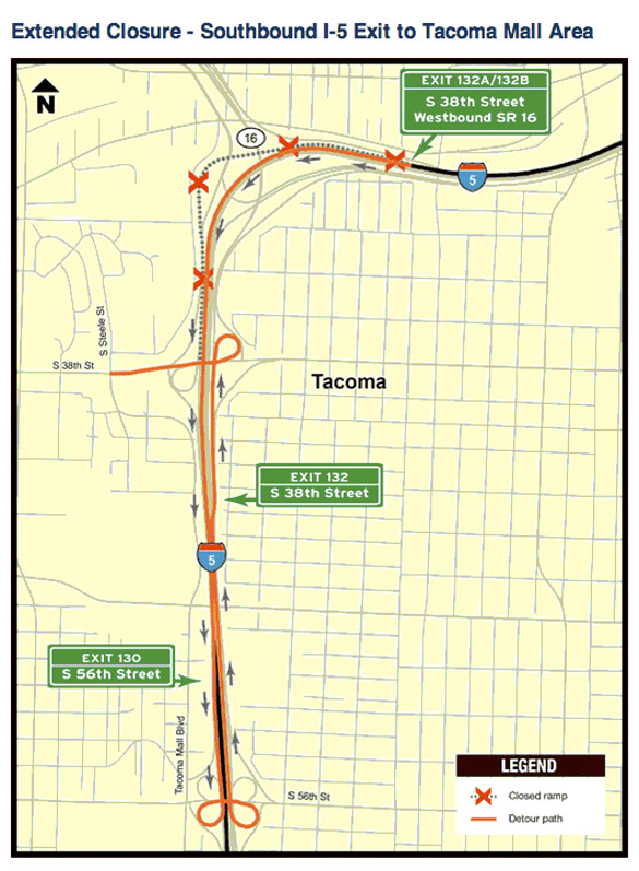 Closure of southbound I-5 exit to Tacoma Mall starts April 20