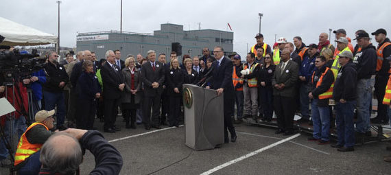 Washington State Governor Jay Inslee was at the Port of Tacoma Friday to urge lawmakers to approve a new round of transportation improvements and projects. (PHOTO COURTESY GOVERNOR JAY INSLEE'S OFFICE)