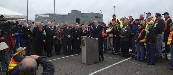 Washington State Governor Jay Inslee was at the Port of Tacoma Friday to urge lawmakers to approve a new round of transportation improvements and projects. (PHOTO COURTESY GOVERNOR JAY INSLEE'S OFFICE)