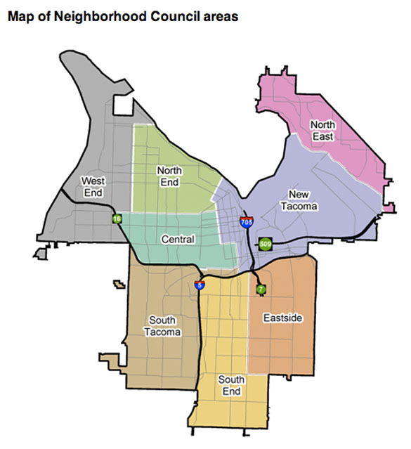 Here's a map of Tacoma's neighborhood councils. For details,  look here - http://www.cityoftacoma.org/government/city_departments/community_and_economic_development/neighborhood_council_program