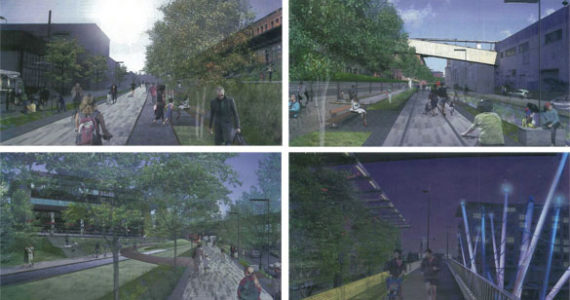 rairie Line Trail conceptual designs (clockwise from top left): Water Street -- 25th St. to 23rd St.; Urban Flexible -- 23rd St. to 21st St.; Art Park -- 17th St. to 15th St.; and Foss Connector -- 15th St. to Foss. (IMAGES COURTESY CITY OF TACOMA / PLACE STUDIO / ALTA PLANNING AND DESIGN)