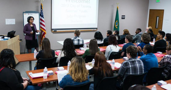 Tacoma Mayor Strickland spoke to 54 local students on Monday who were chosen for the city's youth summer job pilot program. (PHOTO COURTESY CITY OF TACOMA)