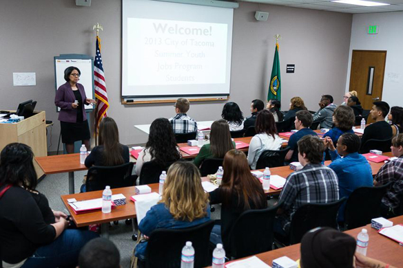 Tacoma Mayor Strickland spoke to 54 local students on Monday who were chosen for the city's youth summer job pilot program. (PHOTO COURTESY CITY OF TACOMA)