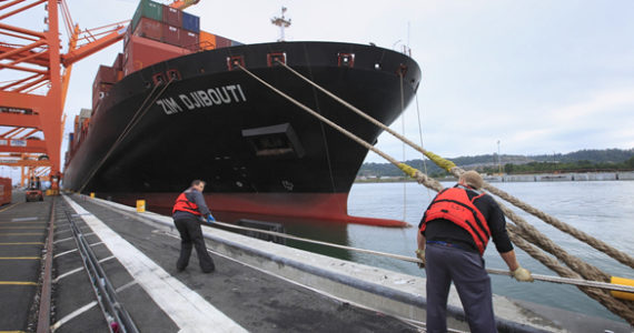 The ZIM Djibouti, the largest container ship ever to call in Tacoma, arrived at the Port of Tacoma on July 10. (PHOTO COURTESY PORT OF TACOMA)