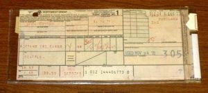 The boarding pass from the FBI case file on Dan “D.B.” Cooper. The hijacker paid $20 on Nov. 24, 1971, to board Northwest Airlines flight 305 to Seattle. (PHOTO COURTESY WASHINGTON STATE HISTORICAL SOCIETY)