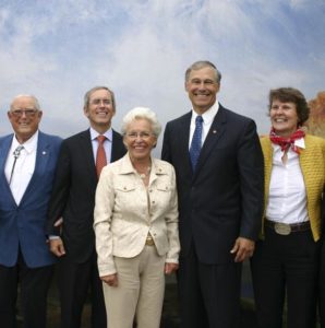 (FROM LEFT TO RIGHT) Erivan Haub, Christian Haub, Helga Haub, Washington State Governor Jay Inslee, and Tacoma Art Museum Director Stephanie A. Stebich gather Thursday during a groundbreaking ceremony in downtown Tacoma to mark the beginning of a $15.5 million, 16,000-square-foot building expansion and redesign of the Tacoma Art Museum. (PHOTO BY TODD MATTHEWS)