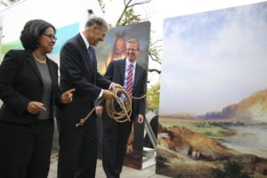 (FROM LEFT TO RIGHT) Tacoma Mayor Marilyn Strickland, Washington State Governor Jay Inslee, and Congressman Derek Kilmer gather during a groundbreaking ceremony in downtown Tacoma to mark the beginning of a $15.5 million, 16,000-square-foot building expansion and redesign of the Tacoma Art Museum. (PHOTO BY TODD MATTHEWS)