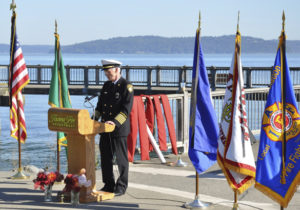 The Tacoma Fire Department hosted a public remembrance ceremony at Marine Park along Ruston Way Wednesday morning to mark the 12th anniversary of the 9/11 tragedy. Guest speakers included Tacoma City Councilmember Robert Thoms and Tacoma Fire Chief James P. Duggan (pictured). The event was part of a nationwide salute to firefighters, police officers, emergency medical services workers and civilians whose lives were forever changed on that day. (PHOTO COURTESY TACOMA FIRE DEPARTMENT)