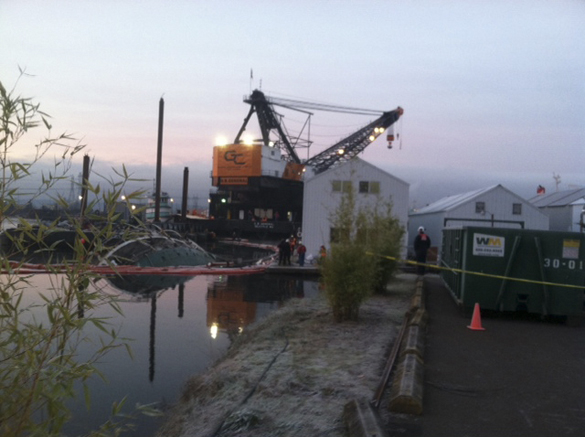 A 700-ton crane barge arrived on the Hylebos Waterway in Tacoma early Thursday morning to prepare to lift the 167-foot derelict vessel Helena Star, which sank at the old Mason Marine location on Jan. 25. (PHOTO COURTESY WASHINGTON STATE DEPARTMENT OF NATURAL RESOURCES)