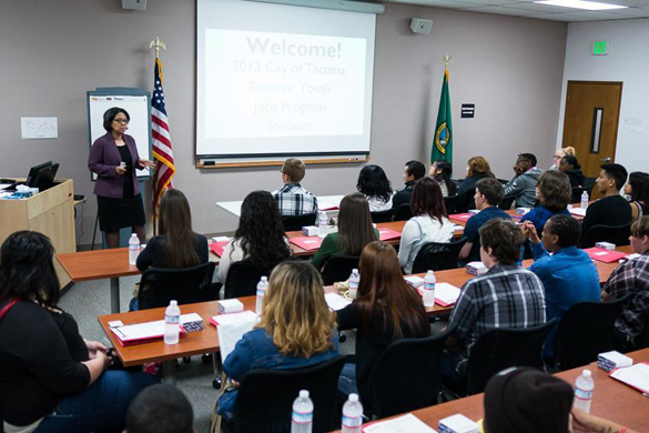 Tacoma Mayor Strickland spoke to 54 local students chosen for the SummerJobs253 youth employment program last summer. (PHOTO COURTESY CITY OF TACOMA)