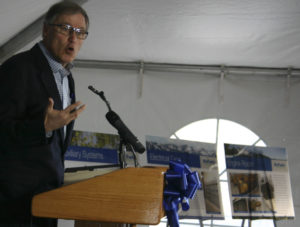 Washington State Governor Jay Inslee speaks during a ribbon-cutting ceremony to mark the grand opening of a new methane gas conversion facility at the LRI Landfill in Pierce County. (PHOTO BY TODD MATTHEWS)