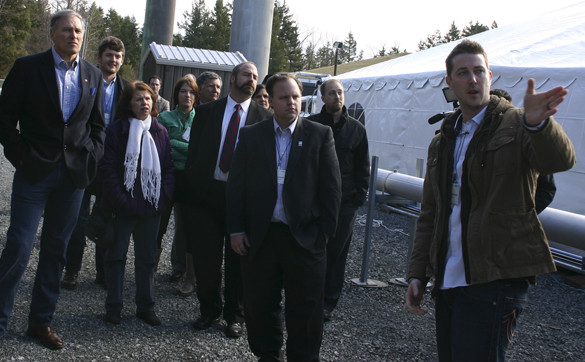 Project engineer Luke Stephenson leads elected officials on a guided tour of a new methane gas conversion facility at the LRI Landfill in Pierce County. (PHOTO BY TODD MATTHEWS)
