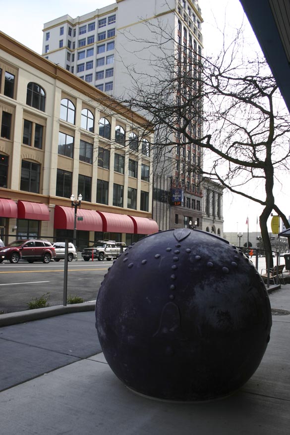 Six large, colorful orbs created by local artist Elizabeth Conner were installed this week along an eight-block stretch of Pacific Avenue in downtown Tacoma. (PHOTO BY TODD MATTHEWS)