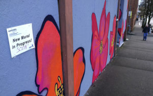 A sneak preview of artist Chelsea O'Sullivan's work-in-progress "Turn On Spring," a long mural on a series of 10 large panels running down South 11th Street. (PHOTO COURTESY SPACEWORKS TACOMA)