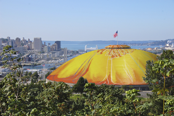 A rooftop test for Tacoma Dome Warhol flower