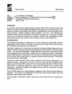 A bridge inspector's report recommends further reducing maximum vehicle weight restrictions on the Puyallup River Bridge from 18 tons to 10 tons, which will impact bus routes and approximately 400 commercial trucks a day. (IMAGE COURTESY CITY OF TACOMA)