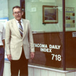 Tacoma native Marshall B. Skidmore, with his son Rob, in October of 1989, outside the Tacoma Daily Index's office on Pacific Avenue in downtown Tacoma. No one owned the paper longer than Marshall, who ran the publication for 37 years before selling it to Sound Publishing and retiring in 1997. Marshall passed away on July 23, 2007. (PHOTO COURTESY SKIDMORE FAMILY)