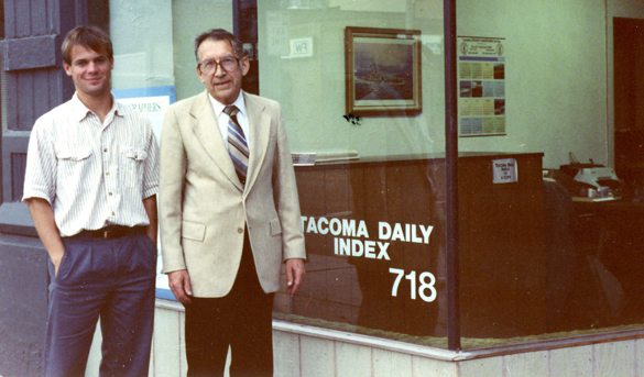Tacoma native Marshall B. Skidmore, with his son Rob, in October of 1989, outside the Tacoma Daily Index's office on Pacific Avenue in downtown Tacoma. No one owned the paper longer than Marshall, who ran the publication for 37 years before selling it to Sound Publishing and retiring in 1997. Marshall passed away on July 23, 2007. (PHOTO COURTESY SKIDMORE FAMILY)
