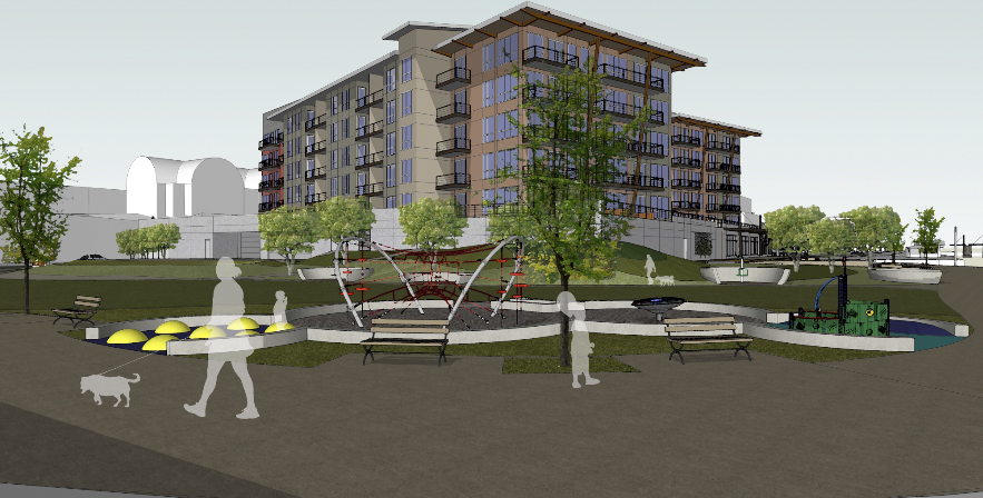The City of Tacoma is requesting a $60,000 grant from the Washington State Recreation and Conservation Office to help pay for a children's play area at a City-owned park near South 21st Street and Dock Street. The eco-friendly play area would feature a LEED-certified mat surface and landscaping with native plants. It would also expand the diversity of use within the park and draw more visitors and activities to the area. The project is a partnership between the City of Tacoma, Foss Waterway Development Authority, and The Henry Group, a private developer currently constructing a 161-unit, $32 million apartment building nearby. (IMAGE COURTESY CITY OF TACOMA)