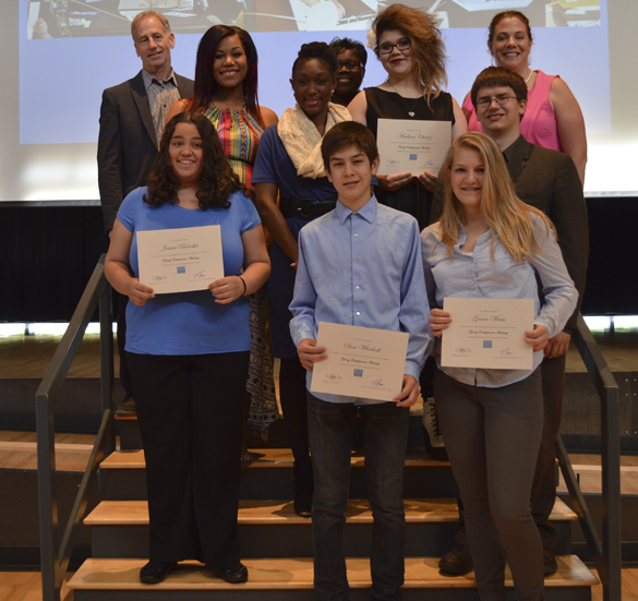 A group of Pierce County high school students were named 2014 Young Entrepreneurs Academy Chief Executive Officers during a commencement ceremony Wednesday at the STAR Center in Tacoma. Pictured are (back row) Tacoma-Pierce County Chamber Board Chair Jeff Brown; Young Entrepreneurs Academy Assistant Program Director Natasha Johnson; Young Entrepreneurs Academy Program Director Lynnette Buffington; (middle row) Mount Tahoma High School senior Lyric Swanson; Stadium High School junior LaMondtra Atkins; Tacoma School of the Arts junior Madison Chavez; Lincoln High School senior Arthur Hagen; (bottom row) Mount Tahoma High School senior Jessica Bokoskie; Stadium High School freshman Sam Wheelock; and Bellarmine Prep freshman Gracie Weiss. (PHOTO COURTESY TACOMA-PIERCE COUNTY CHAMBER)