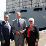Washington State Governor Jay Inslee (center) was at the Port of Tacoma Monday to learn more about a project that aims to modernize the Husky Container Terminal. He was joined by Port of Tacoma CEO John Wolfe and Port of Tacoma Commissioner Clare Petrich. (PHOTO COURTESY PORT OF TACOMA)