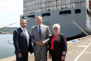 Washington State Governor Jay Inslee (center) was at the Port of Tacoma Monday to learn more about a project that aims to modernize the Husky Container Terminal. He was joined by Port of Tacoma CEO John Wolfe and Port of Tacoma Commissioner Clare Petrich. (PHOTO COURTESY PORT OF TACOMA)