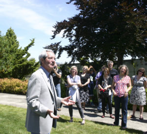 Artist Tom Morandi discussed the history of Sun King during a celebration Wednesday to mark the installation of his sculpture in a public park near Thea Foss Waterway. (PHOTO BY TODD MATTHEWS)