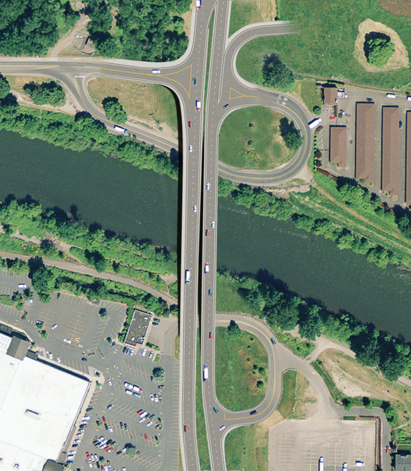 State Route 167 / Puyallup River Bridge: A bird's-eye view of the new roadway and bridge. (IMAGE COURTESY WSDOT)