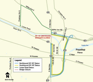 State Route 167 / Puyallup River Bridge: Detour map for the bridge replacement project. (IMAGE COURTESY WSDOT)