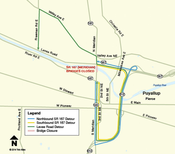 State Route 167 / Puyallup River Bridge: Detour map for the bridge replacement project. (IMAGE COURTESY WSDOT)