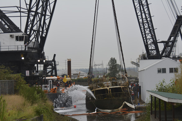 Water was pumped out of the F/V Helena Star last month as part of a project to remove the derelict vessel from Tacoma's Hylebos Waterway. (PHOTO COURTESY WASHINGTON STATE DEPARTMENT OF ECOLOGY)