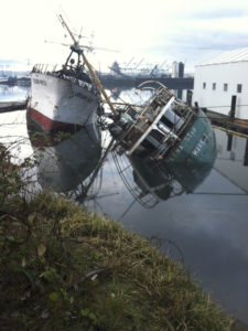The F/V Golden West and F/V Helena Star were chained together in Tacoma's Hylebos Waterway when they began to sink on Jan. 25, 2013. (PHOTO COURTESY WASHINGTON STATE DEPARTMENT OF ECOLOGY)