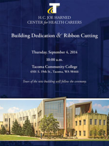 A ribbon-cutting ceremony to celebrate the grand opening of the the H.C. "Joe" Harned Center for Health Careers will be held on Thurs., Sept. 4, at 10 a.m., at Tacoma Community College, located at 6501 S. 19th St., in Tacoma. Tacoma Community College officials will provide guided public tours of the new building following the ceremony. (IMAGE COURTESY TACOMA COMMUNITY COLLEGE)